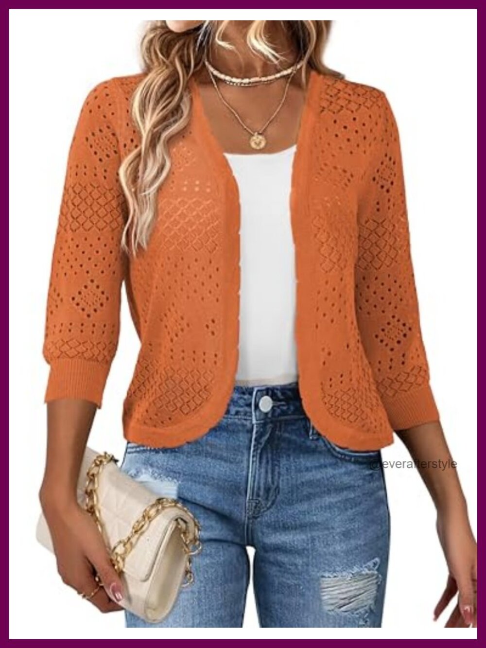 Cropped Cardigan 3/4 Sleeve Hollowed Shrugs V-Neck Open Front